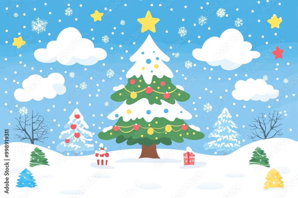 Obraz premium Playful Christmas tree illustration in a snowy landscape with colorful presents and stars, symbolizing holiday cheer, joy, and festive fun for the winter season