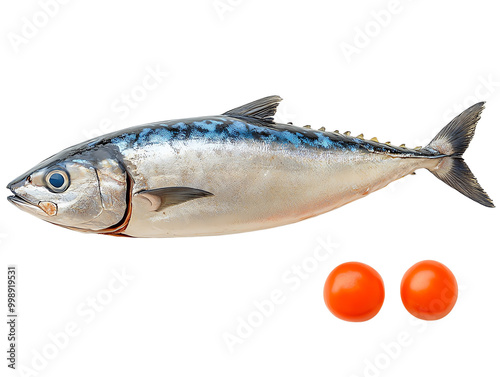 Fresh mackerel fish alongside two vibrant orange fish roe eggs, ideal for culinary and seafood presentations. photo