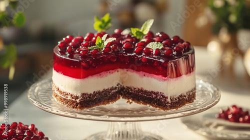 Wallpaper Mural Pomegranate jelly layered cake on a chic, glass-topped table background Torontodigital.ca