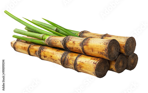 Fresh sugarcane stalks with green leaves, showcasing their natural texture and color, perfect for agricultural and culinary themes. photo