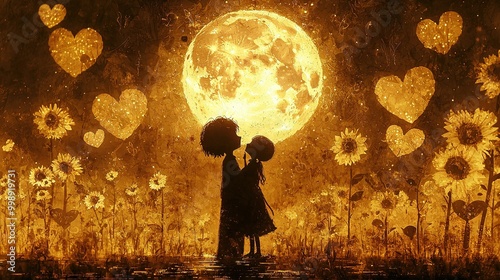   A depiction of a young lad and female embracing beneath a complete lunar disk, surrounded by sunflower fields photo