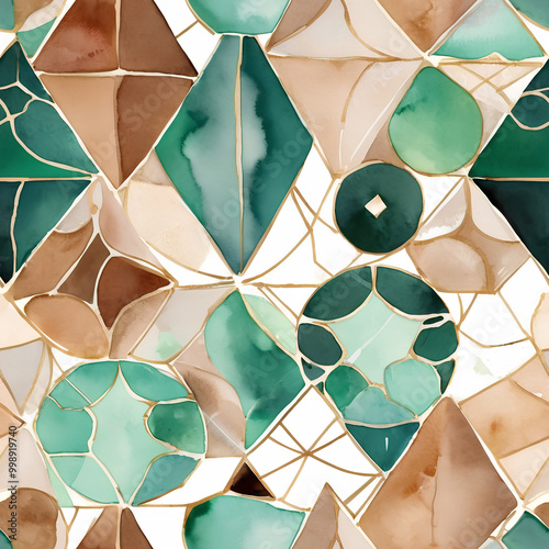 Beautiful geometry composition with rombs and triangles, green and gold color.  Repeat pattern mosaic  for print fabric, packaging, textiles, wallpaper and wrapping paper. photo