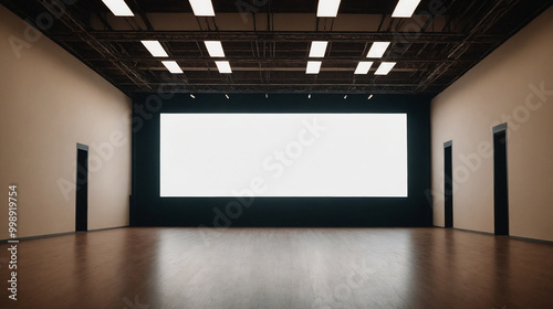 A huge music venue with an open floor plan and vibrant stage lighting 3d illustration interior design.