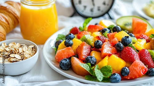  Fruit, oatmeal bowl & OJ on white plate