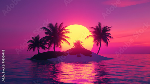 3d tropical sunset with island and palm trees. ocean and neon sun in synthwave and new retrowave aesthetics Vaporwave Aesthetic. Illustration