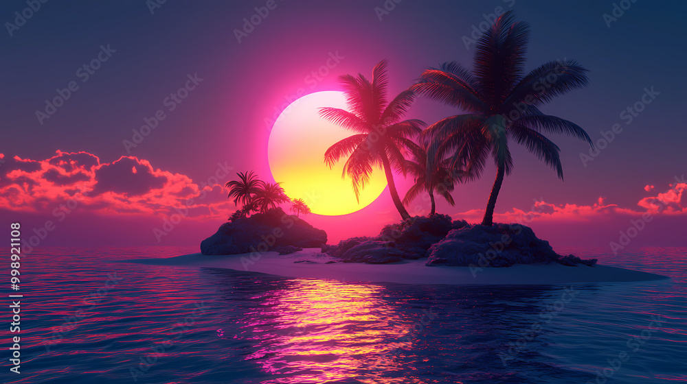 3d tropical sunset with island and palm trees. ocean and neon sun in synthwave and new retrowave aesthetics Vaporwave Aesthetic. Illustration 3d tropical sunset with island and palm trees. ocean and neon sun in synthwave and new retrowave aesthetics Vaporwave Aesthetic. Illustration