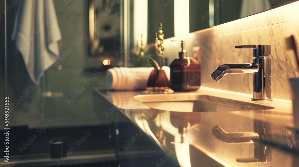 An elegantly designed bathroom sink area with soft lighting, featuring modern fixtures and a cozy ambiance. An elegantly designed bathroom sink area with soft lighting, featuring modern fixtures and a cozy ambiance.
