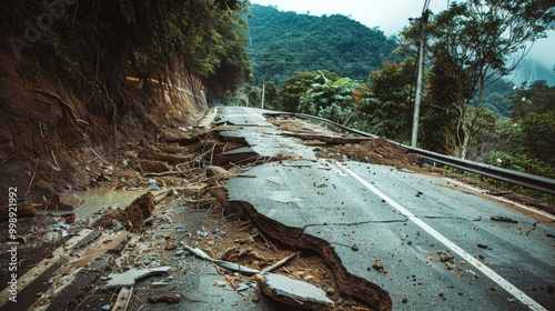 A dramatic landslide aftermath on a road amidst lush hills, capturing the power of nature and the devastation it can bring.