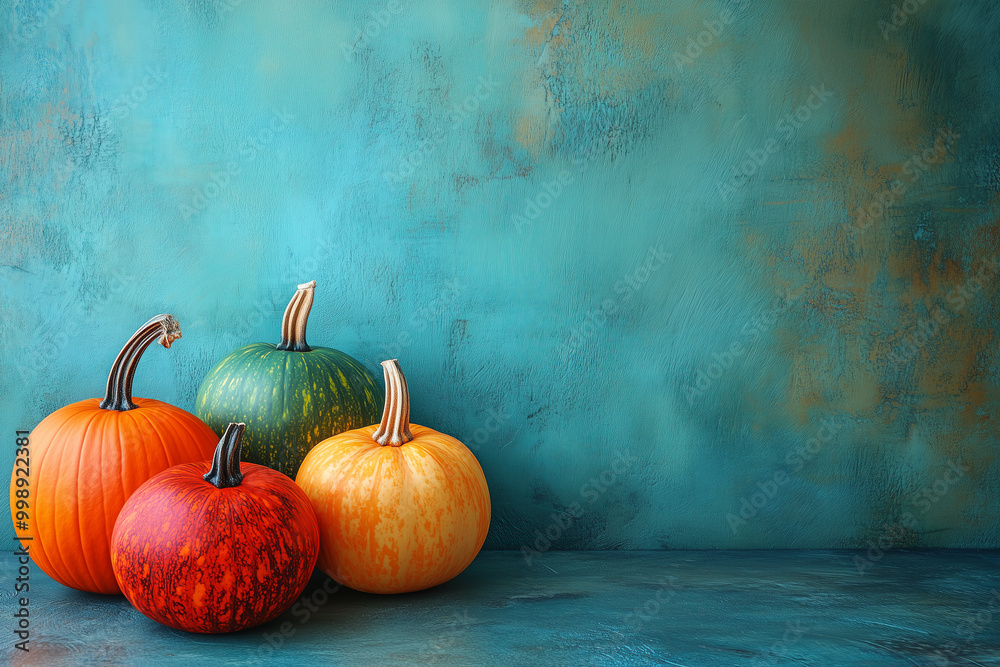 Bright multi-colored pumpkins lie against a blue wall. Horizontal shot. There is an empty space on the wall for text. Bright multi-colored pumpkins lie against a blue wall. Horizontal shot. There is an empty space on the wall for text.