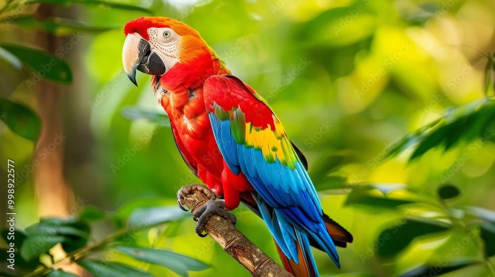 Fototapeta premium Scarlet Macaw Perched on Branch, Vivid Colors, Tropical Bird, Green Foliage, Macaw, Parrot, Birdwatching