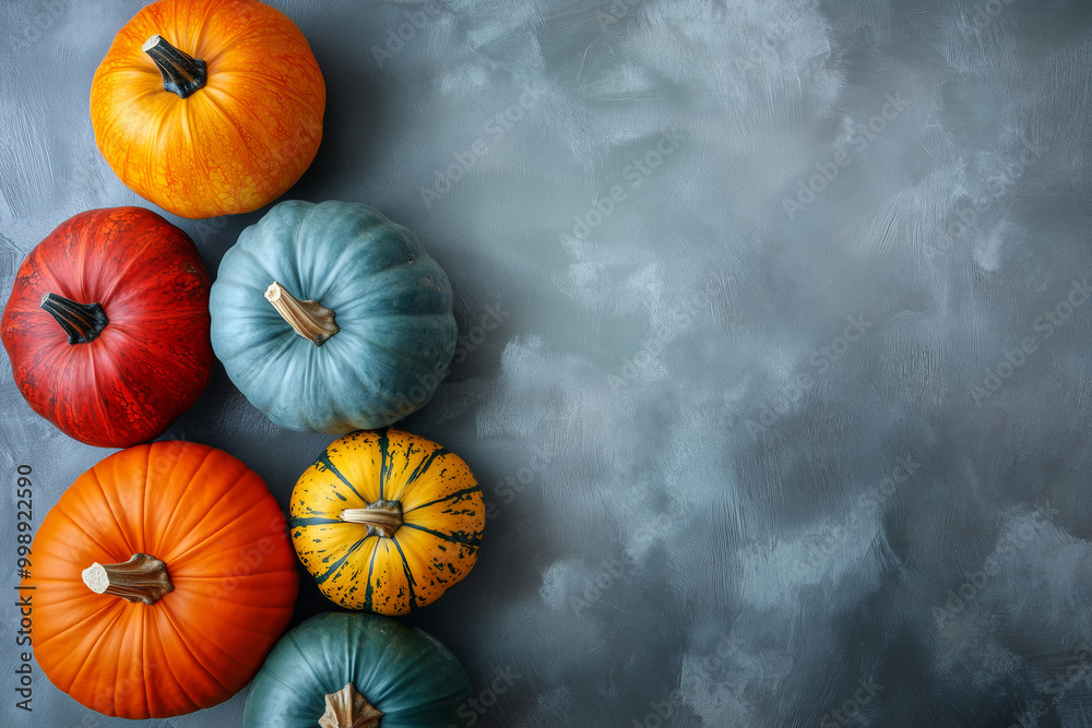 Autumn colorful pumpkins lie on a gray tabletop Autumn colorful pumpkins lie on a gray tabletop