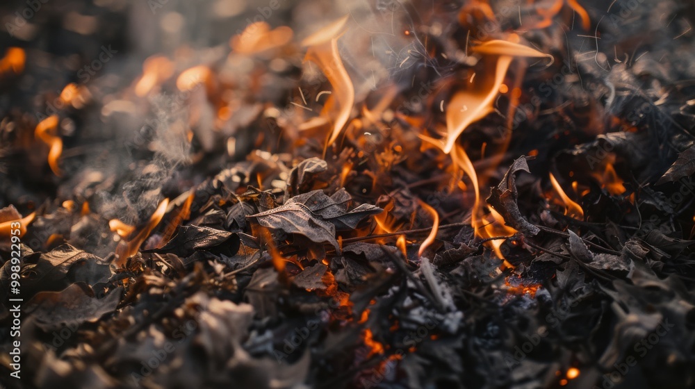 Burning dried leaves with intense flames and rising smoke, capturing the raw energy and transformation in an outdoor setting. Burning dried leaves with intense flames and rising smoke, capturing the raw energy and transformation in an outdoor setting.