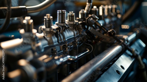 Close-up of an intricate industrial machine with shiny metal components, showcasing precision engineering and complexity.