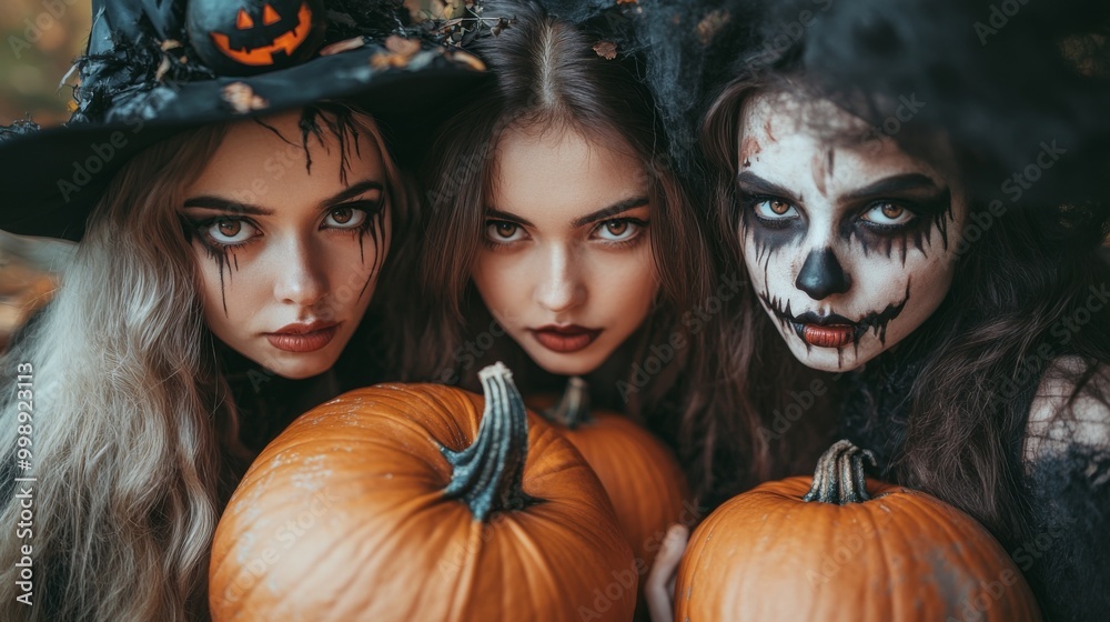 Obraz premium Halloween Celebrations with Witches and Pumpkins in an Autumn Forest Setting