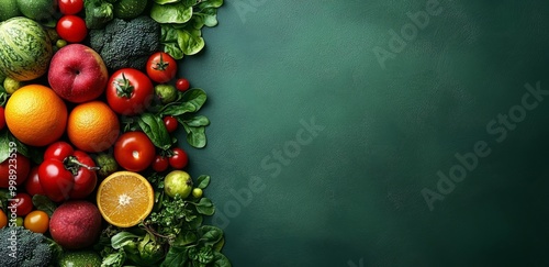 Vibrant Arrangement of Fruits and Vegetables on a Green Background for a Health Concept Banner with Copy Space 