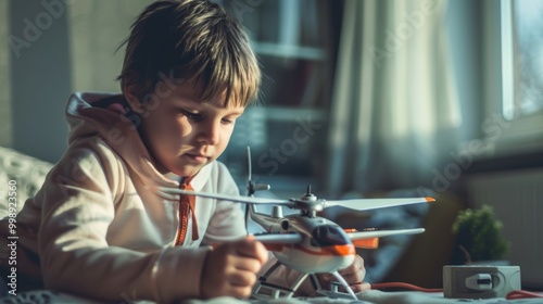 Wallpaper Mural A young boy engrossed in playing with a toy helicopter, framed by soft afternoon light streaming through a window in the background. Torontodigital.ca