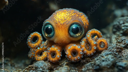   A blue-eyed octopus rests on a rock with a yellow headband photo