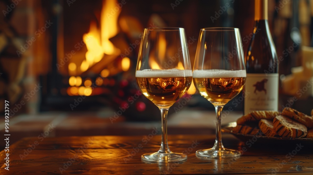 Two glasses of sparkling white wine placed on a wooden table in a cozy setting with a fireplace and a bottle of wine in the background Two glasses of sparkling white wine placed on a wooden table in a cozy setting with a fireplace and a bottle of wine in the background