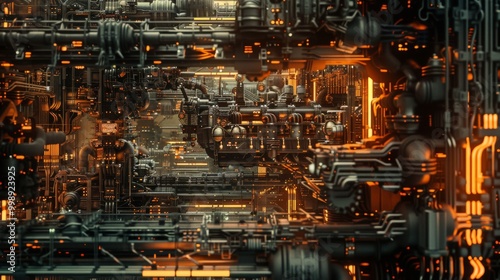 An awe-inspiring labyrinth of futuristic machinery and pipes, intricately connected and glowing with a warm industrial light.