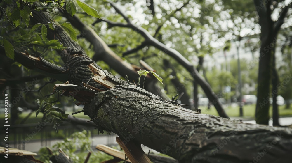 A large, twisted tree trunk with splintered bark, lying broken among lush green foliage in a park. A large, twisted tree trunk with splintered bark, lying broken among lush green foliage in a park.