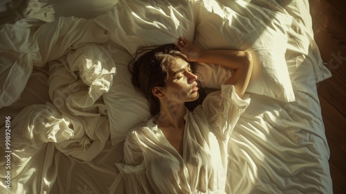 A woman lies contentedly in a sunlit bed, her relaxed pose and soft sheets encapsulating a serene morning moment. photo