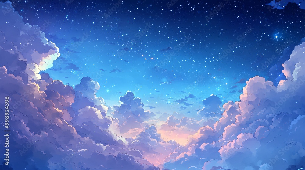 A Night Sky Filled with Stars and Puffy Clouds A Night Sky Filled with Stars and Puffy Clouds