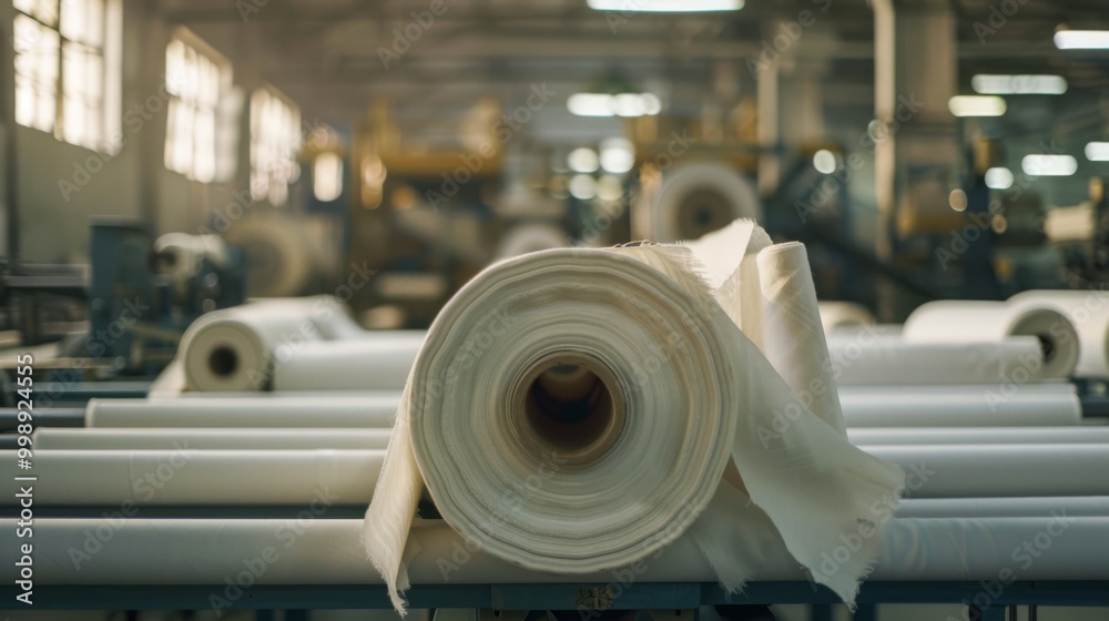 A roll of white fabric on a conveyor belt in a textile factory, reflecting the process of material production. A roll of white fabric on a conveyor belt in a textile factory, reflecting the process of material production.