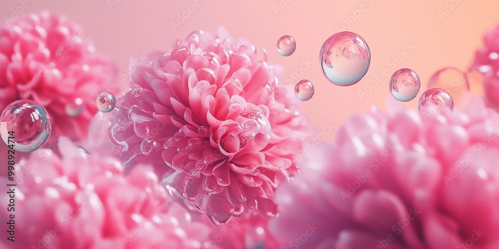 Pink flowers with delicate water drops and floating bubbles, all bathed in soft, dreamy light. Pink flowers with delicate water drops and floating bubbles, all bathed in soft, dreamy light.
