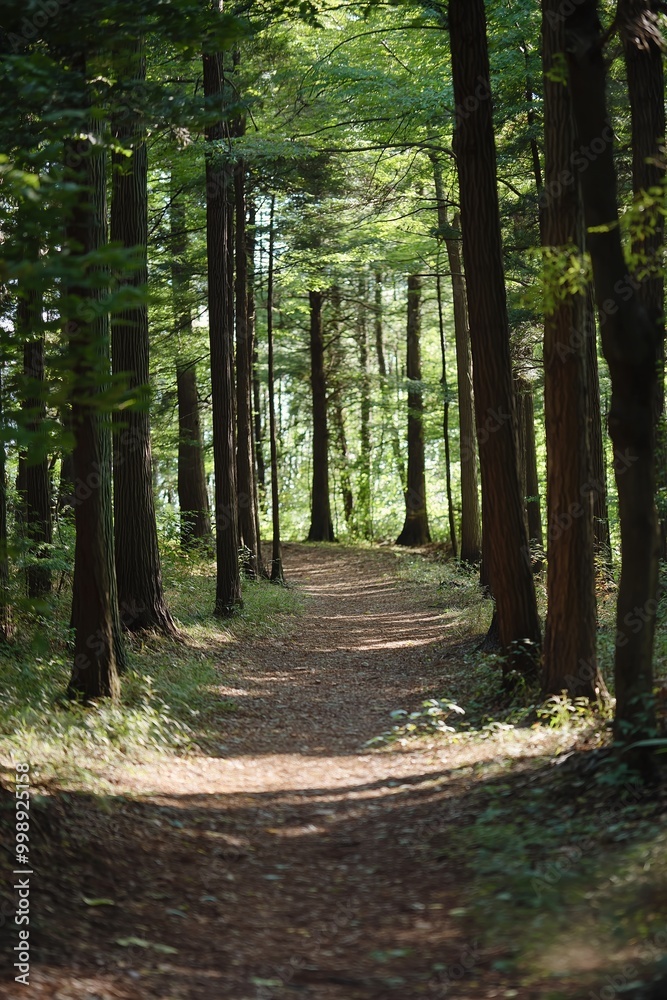 Fototapeta premium A sun-dappled dirt path winds through a quiet forest, flanked by tall trees and bathed in soft sunlight on a clear day.