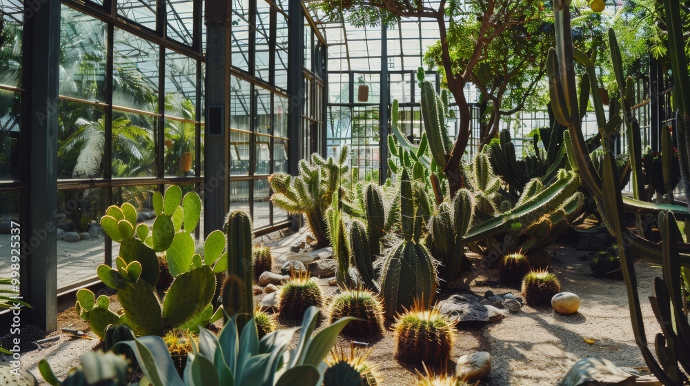 Fototapeta premium A lush greenhouse bustling with various cacti and succulent plants, showcasing their diverse shapes and textures under the filtered sunlight.