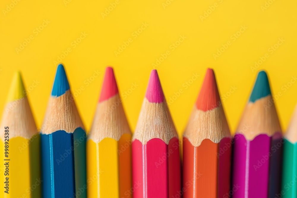 A set of colorful pencils neatly arranged on a bright yellow background, representing creativity and artistic expression. A set of colorful pencils neatly arranged on a bright yellow background, representing creativity and artistic expression.