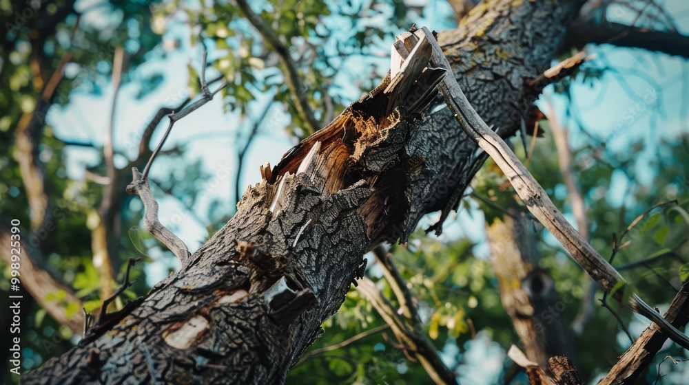 A close-up of a tree with rough, splintered bark, showing signs of being recently broken amidst a bright and sunny day. A close-up of a tree with rough, splintered bark, showing signs of being recently broken amidst a bright and sunny day.