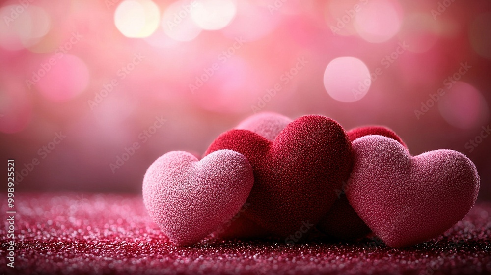 Obraz premium A couple of pink hearts resting atop a pink rug against a pink and red backdrop with a hazy, soft light surrounding it