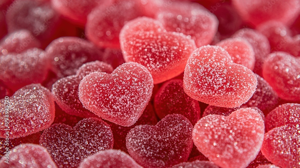 Close-up of red candies in heart shapes on a red surface with water droplets on top Close-up of red candies in heart shapes on a red surface with water droplets on top