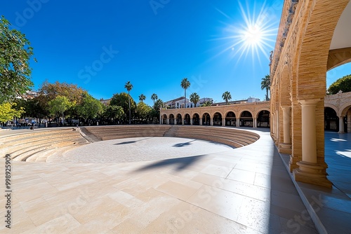 Minimal bullring design, with simple, curved lines representing the La Malagueta bullring and its iconic Andalusian architecture