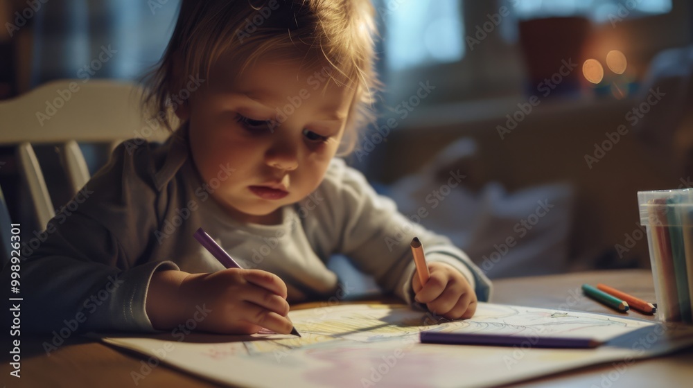 An attentive toddler draws with crayons at a small table, bathed in soft light, concentrating on their masterpiece amidst a cozy home environment. An attentive toddler draws with crayons at a small table, bathed in soft light, concentrating on their masterpiece amidst a cozy home environment.
