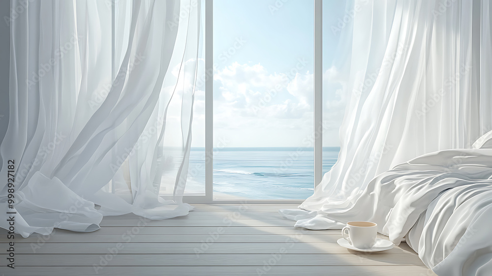 A tranquil bedroom with an open balcony door leading to a stunning ocean view, sheer white curtains gently blowing in the breeze, and a cup of coffee on the bedside table, A tranquil bedroom with an open balcony door leading to a stunning ocean view, sheer white curtains gently blowing in the breeze, and a cup of coffee on the bedside table,