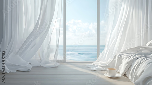 A tranquil bedroom with an open balcony door leading to a stunning ocean view, sheer white curtains gently blowing in the breeze, and a cup of coffee next to the bed.