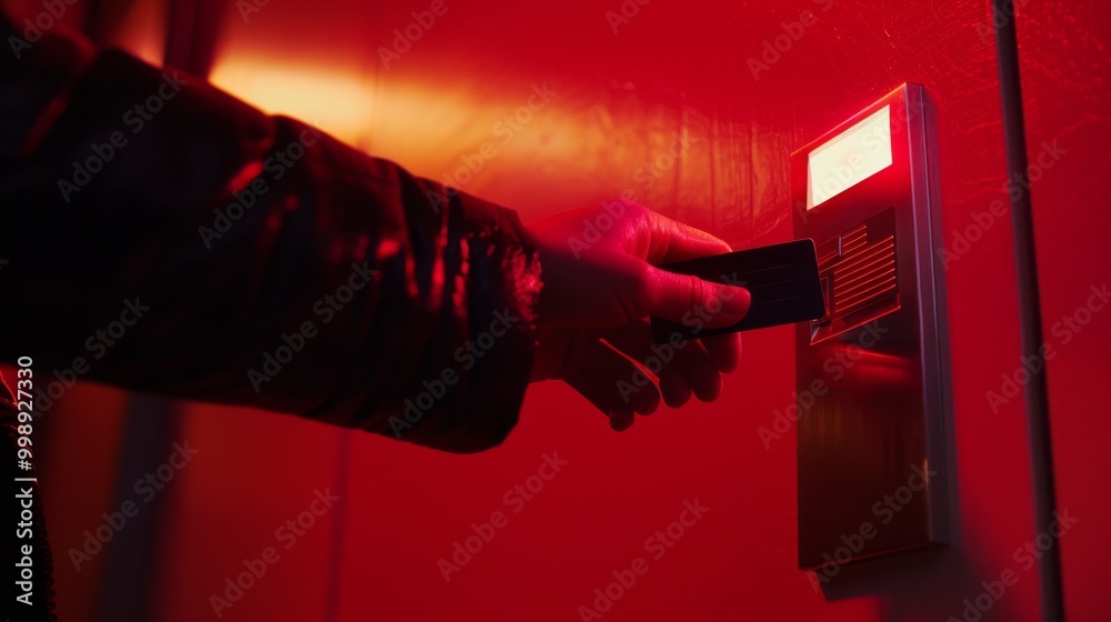 Obraz premium A keycard being used to access a secure door, illuminated by a red light, symbolizing modern security technology.