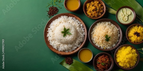 Authentic Indian Meal Featuring Fluffy White Basmati Rice, Hard-Boiled Eggs in a Vibrant Green Curry, Golden Turmeric Powder, and Wheat Stalks, Arranged Artistically on a Green Surface photo