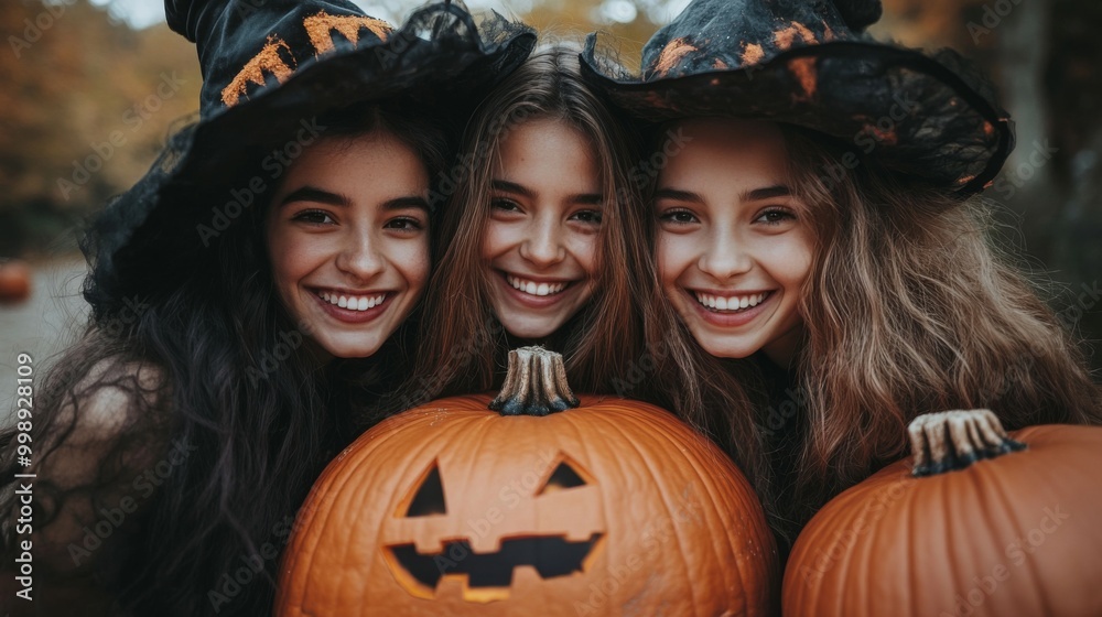Halloween Celebrations with Witches and Pumpkins in an Autumn Forest Setting Halloween Celebrations with Witches and Pumpkins in an Autumn Forest Setting