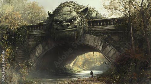 A massive troll lurking under a bridge. Troll Bridge. Illustration photo