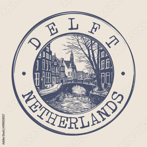 Delft Stamp City Postmark. Silhouette Postal Passport. Round Vector Icon. Vintage Postage Design.	
