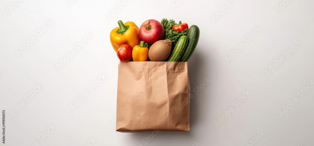 Fresh Fruits and Vegetables in a Paper Bag on a White Background, Representing Healthy Eating and Food Delivery Services with Ample Space for Text. Fresh Fruits and Vegetables in a Paper Bag on a White Background, Representing Healthy Eating and Food Delivery Services with Ample Space for Text.