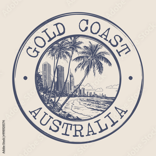 Gold Coast Stamp City Postmark. Silhouette Postal Passport. Round Vector Icon. Vintage Postage Design.	