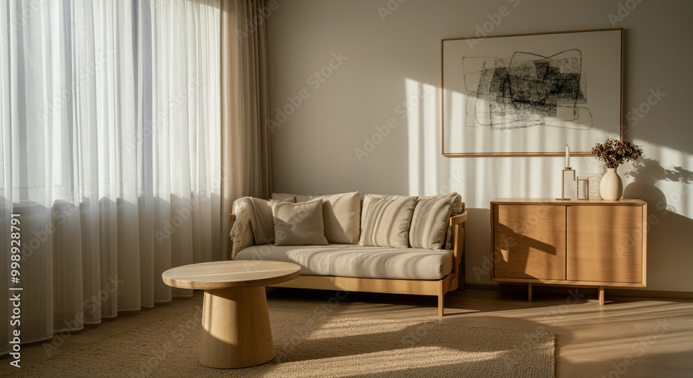 Naklejka premium Sofa in cozy living room with warm natural light and minimal decor