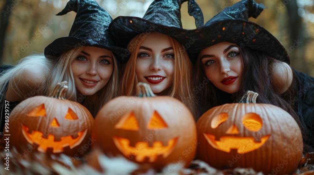 Fototapeta premium Halloween Celebrations with Witches and Pumpkins in an Autumn Forest Setting