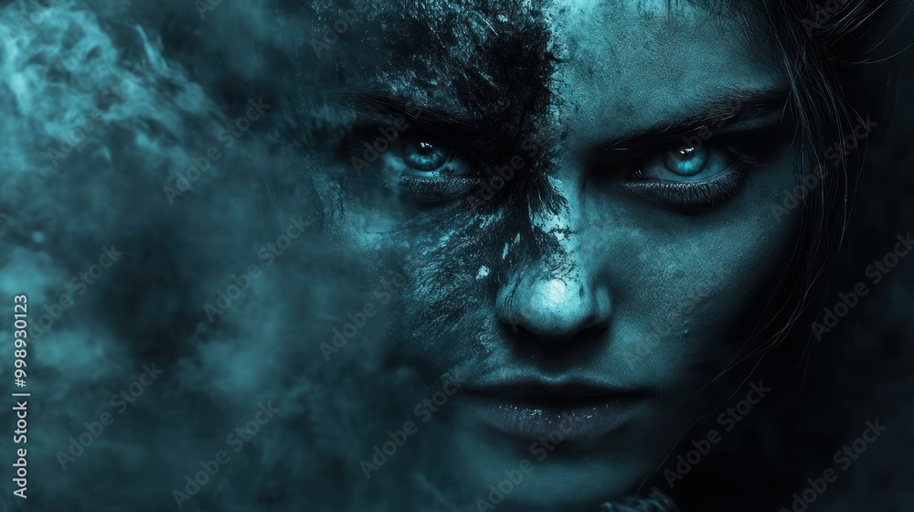 Close-up of a woman's face with blue eyes, covered in a blue and black textured substance, partially obscured by smoke. Close-up of a woman's face with blue eyes, covered in a blue and black textured substance, partially obscured by smoke.