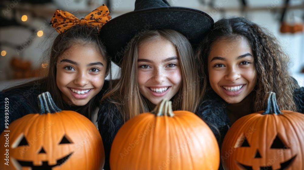 Halloween Celebrations with Witches and Pumpkins in an Autumn Forest Setting Halloween Celebrations with Witches and Pumpkins in an Autumn Forest Setting