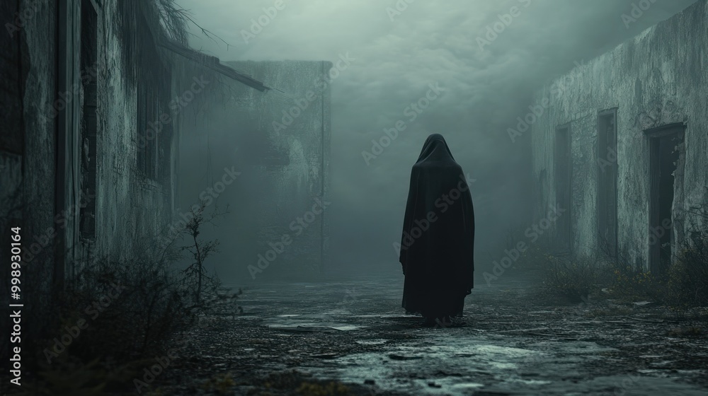 A Cloaked Figure Stands in a Foggy, Abandoned Alleyway A Cloaked Figure Stands in a Foggy, Abandoned Alleyway